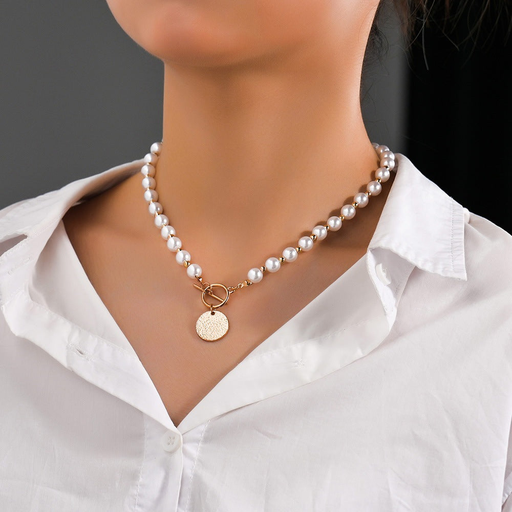 Personality Geometry Wafer Pendant Pearl Ladies Necklaces