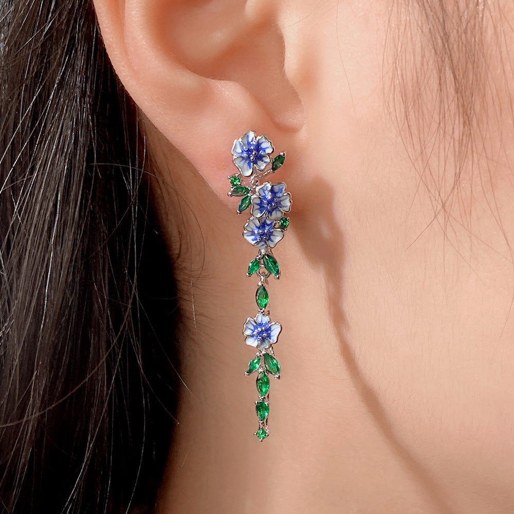 Long Female Temperament Summer Glaze Flowers Zircon Earrings