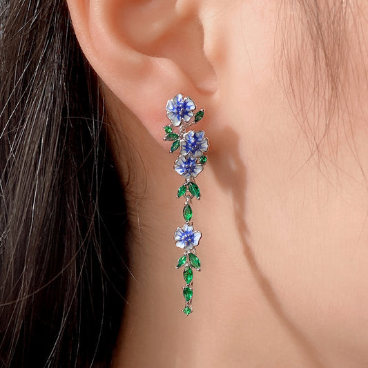 Long Female Temperament Summer Glaze Flowers Zircon Earrings