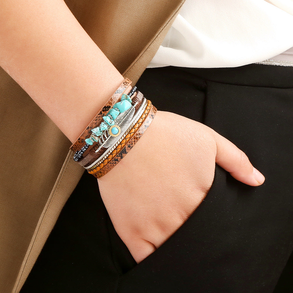 Gravel Feather Leather Creative Vintage Bohemian Turquoise Bracelets