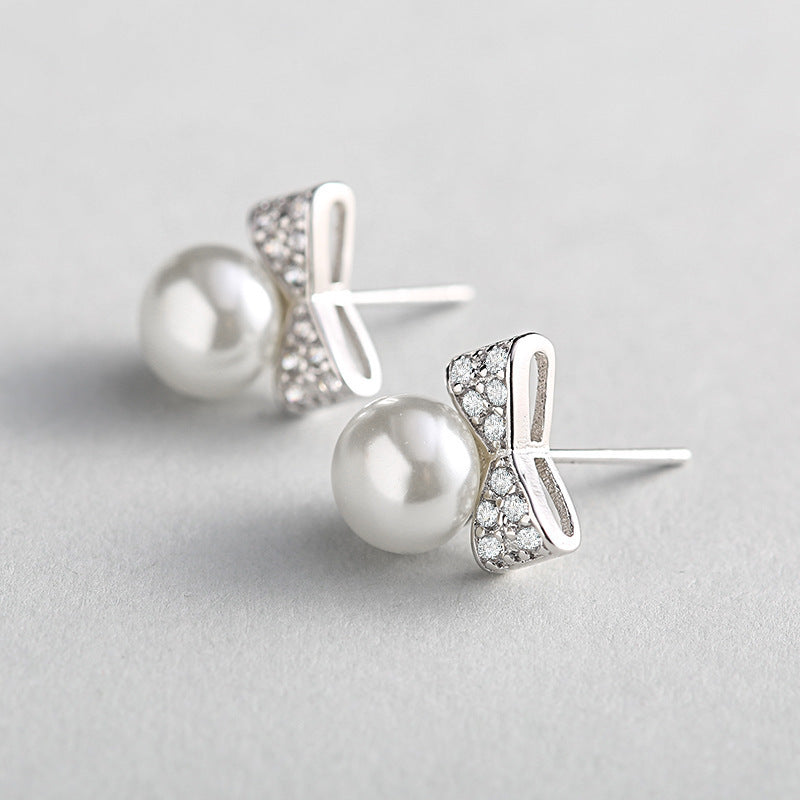 Sweet Pearl Exquisite Inlaid Zircon Bow Earrings