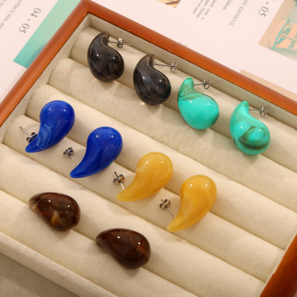 Fashion Simple Casual Style Resin Water Drop Shape Titanium Steel Earrings