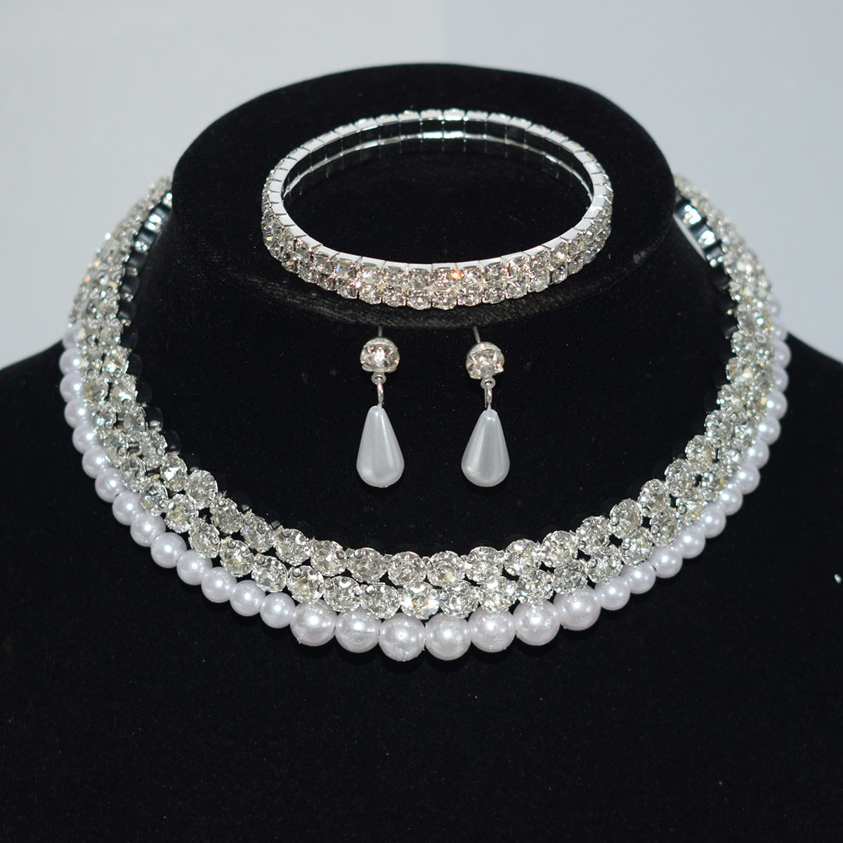 Pearl Diamond Collar Bridal Rhinestone Three-piece Jewelry Set
