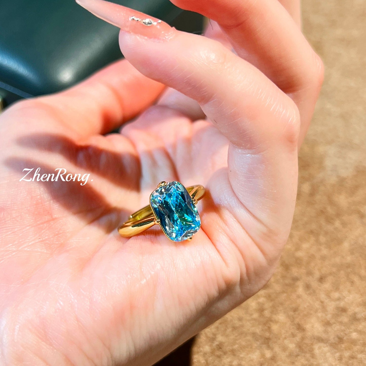 Women's Exquisite Style Pillow Square Rhinestone Diamond Design Aquamarine Ring