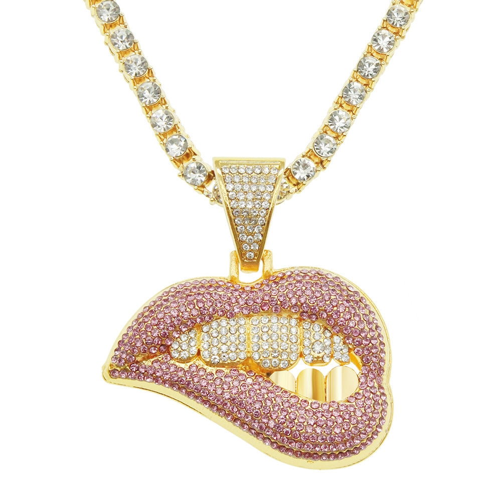 Men's Pink Lip Diamond Tooth Pendant Domineering Cool Necklaces