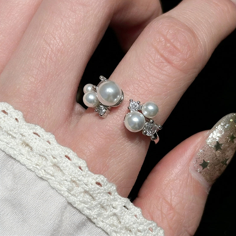 Pearl Shining Diamond Open Female Design High Sense Ring