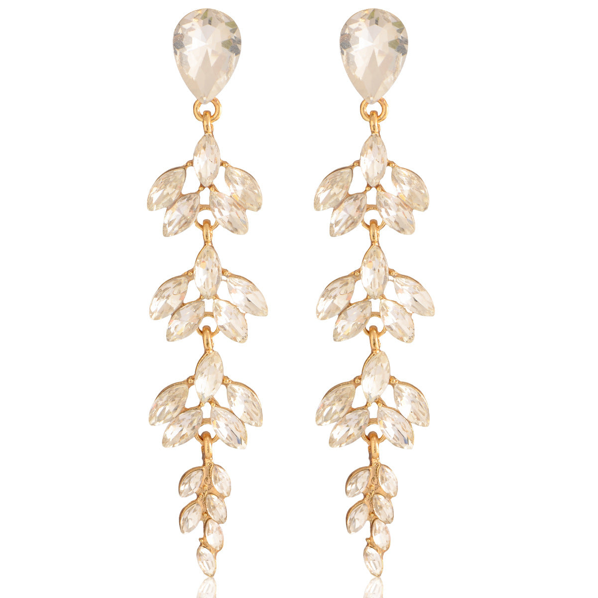 Elegant Wheat Fashion Long Gold-plated Inlaid Crystal Willow Leaf Shape Rings