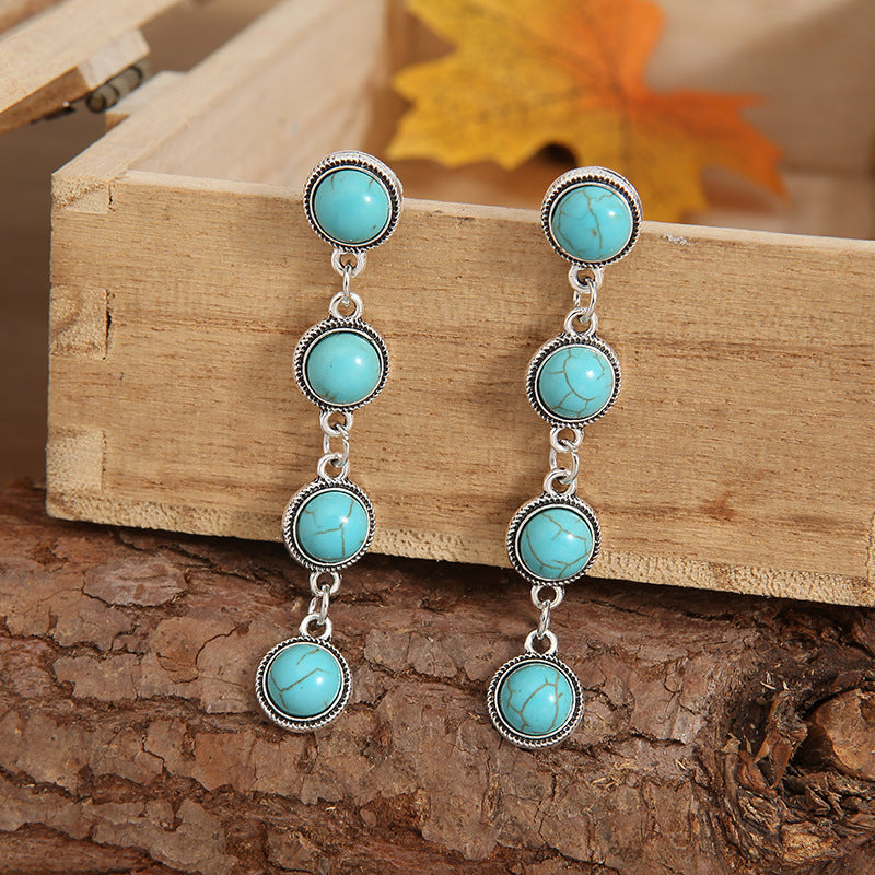 Round Long Eardrops Ear Turquoise Tassel Simple Rings