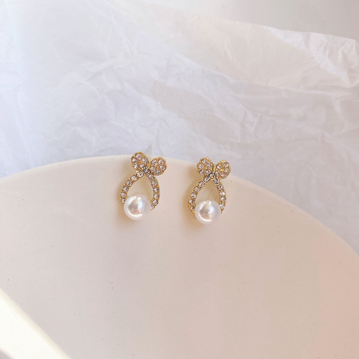 Bow Rhinestone Pearl Female Simple Graceful Design Earrings