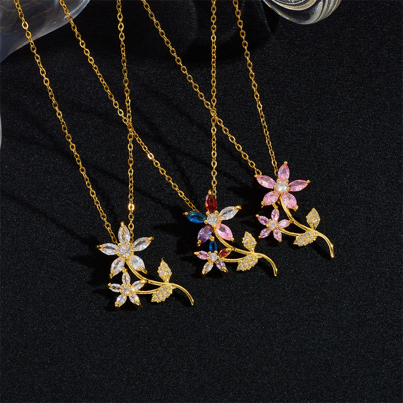 Women's Retro Niche Personality Inlaid Zircon Flower Temperament Wild Necklaces