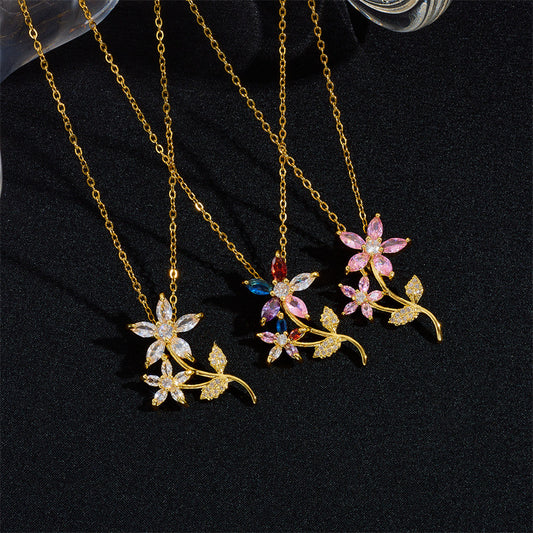 Women's Retro Niche Personality Inlaid Zircon Flower Temperament Wild Necklaces