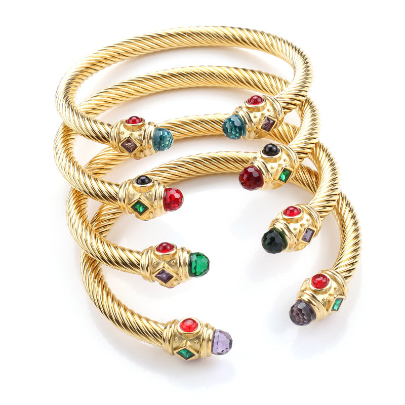 Wire Stainless Twisted Colorful Zircon Couples Openings Bracelet