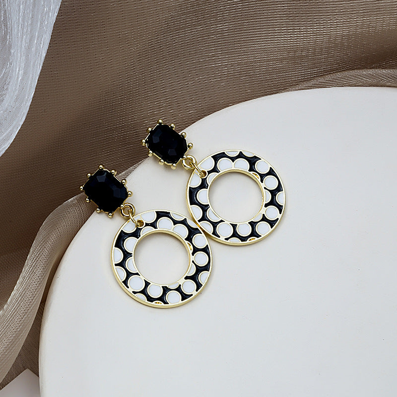 Sier Needle Black And White Polka Dot Drop Earrings