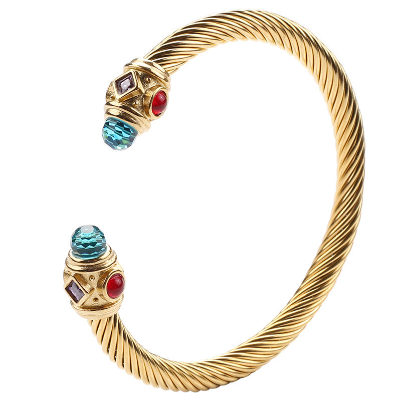 Wire Stainless Twisted Colorful Zircon Couples Openings Bracelet