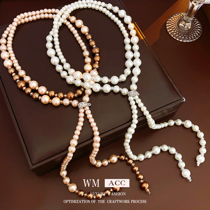 Rhinestone Pearl Long Sweater Chain Retro High Sense Temperamental Necklaces