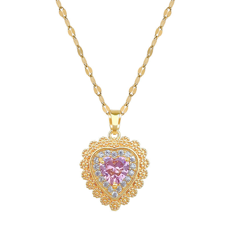 Women's Titanium Steel Pink Heart-shaped Full Of Necklace