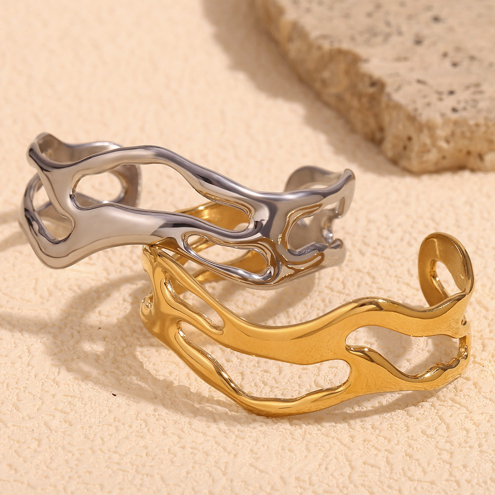Women's Design Stainless Steel Gold Plated Simplicity Exaggeration Wave Hollow Bracelet