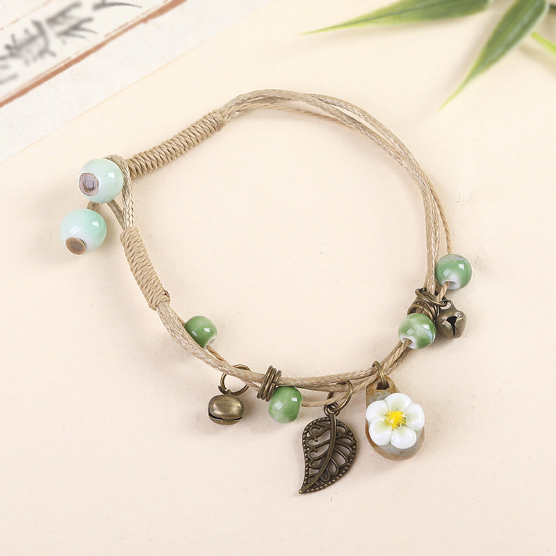Women's Ceramic Flower Woven Ethnic Artistic Carrying Bracelet
