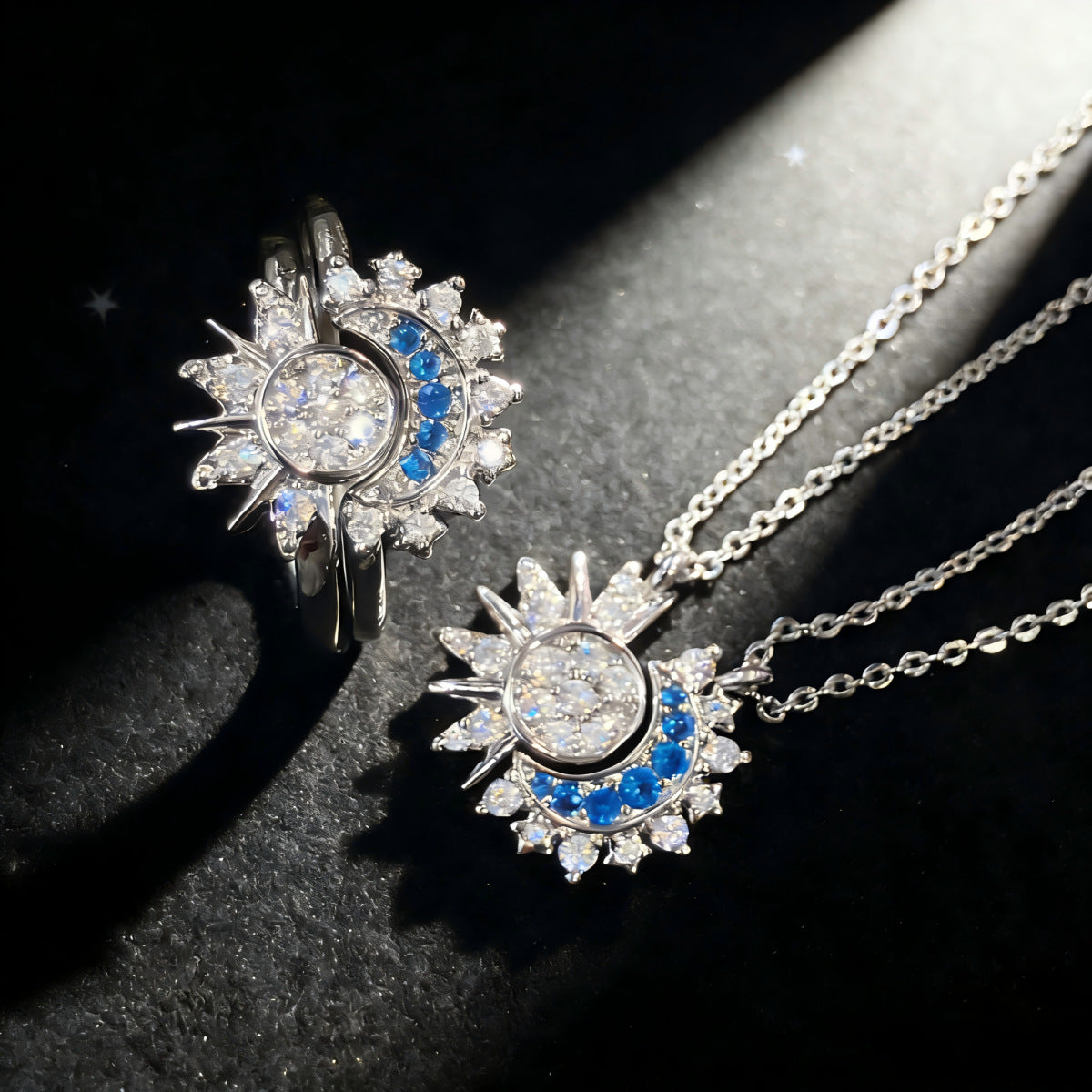 Affordable Luxury Fashion Sun Moon Diamond Star Theme Blue Embellishment Jewelry Set