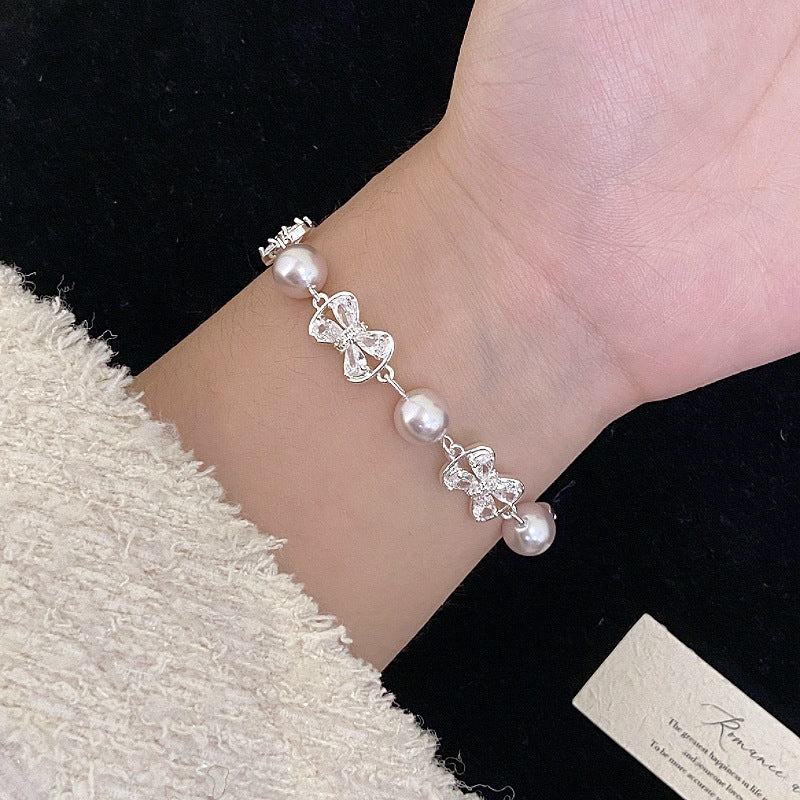Women's Pearl Full Zirconium Bow Love Pull Exquisite Design Bracelet