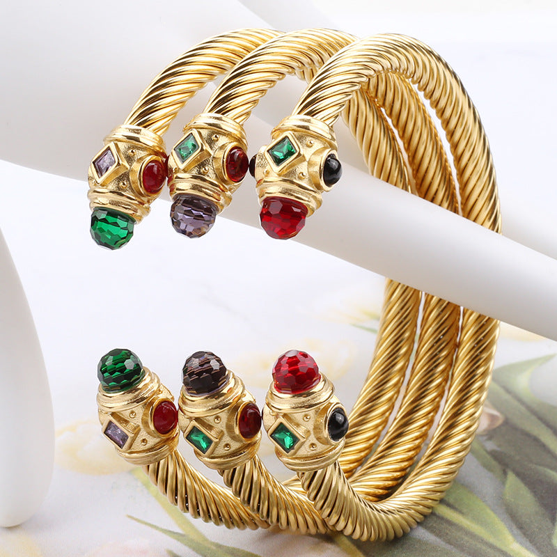 Wire Stainless Twisted Colorful Zircon Couples Openings Bracelet