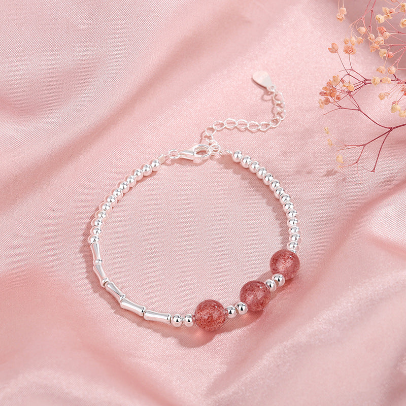 Sterling Sier Broken Strawberry Quartz Bamboo Bracelets