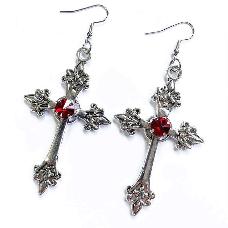 Boucles d'oreilles pendantes en strass avec croix imprimée de fleurs créatives