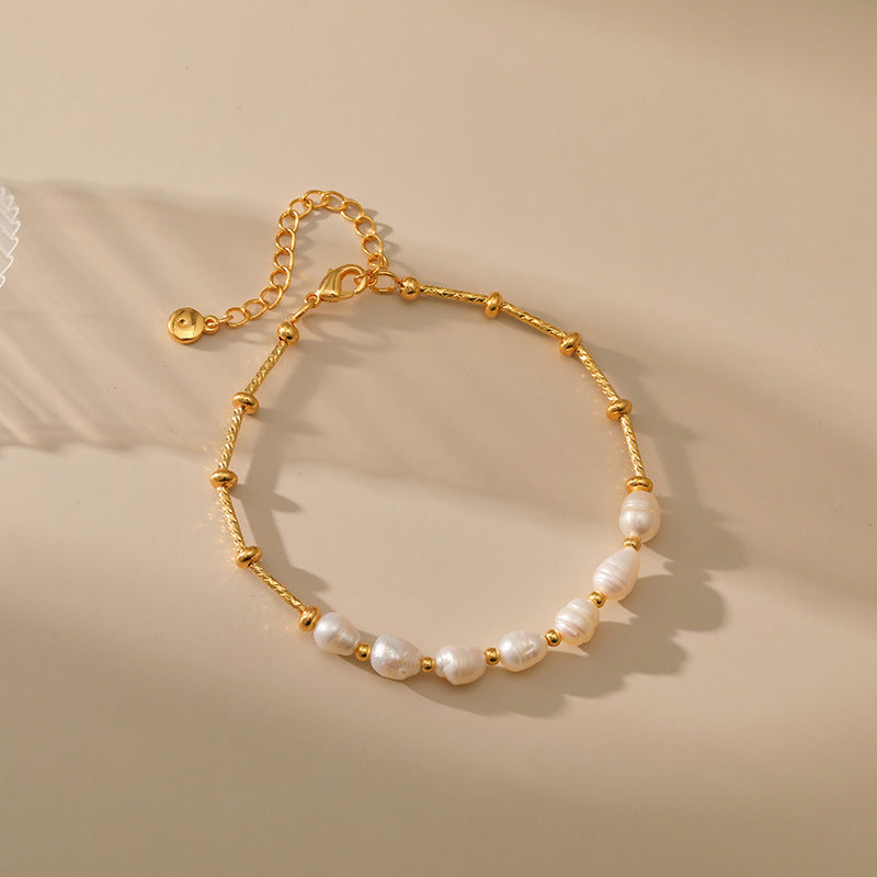 Bracelets à chaîne en cuivre avec perles d'eau douce rondes pour femmes