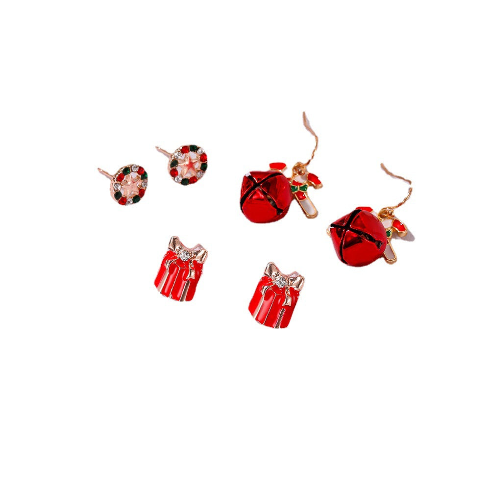 Christmas Three-piece Personalized Dripping Oil Santa Bell Earrings