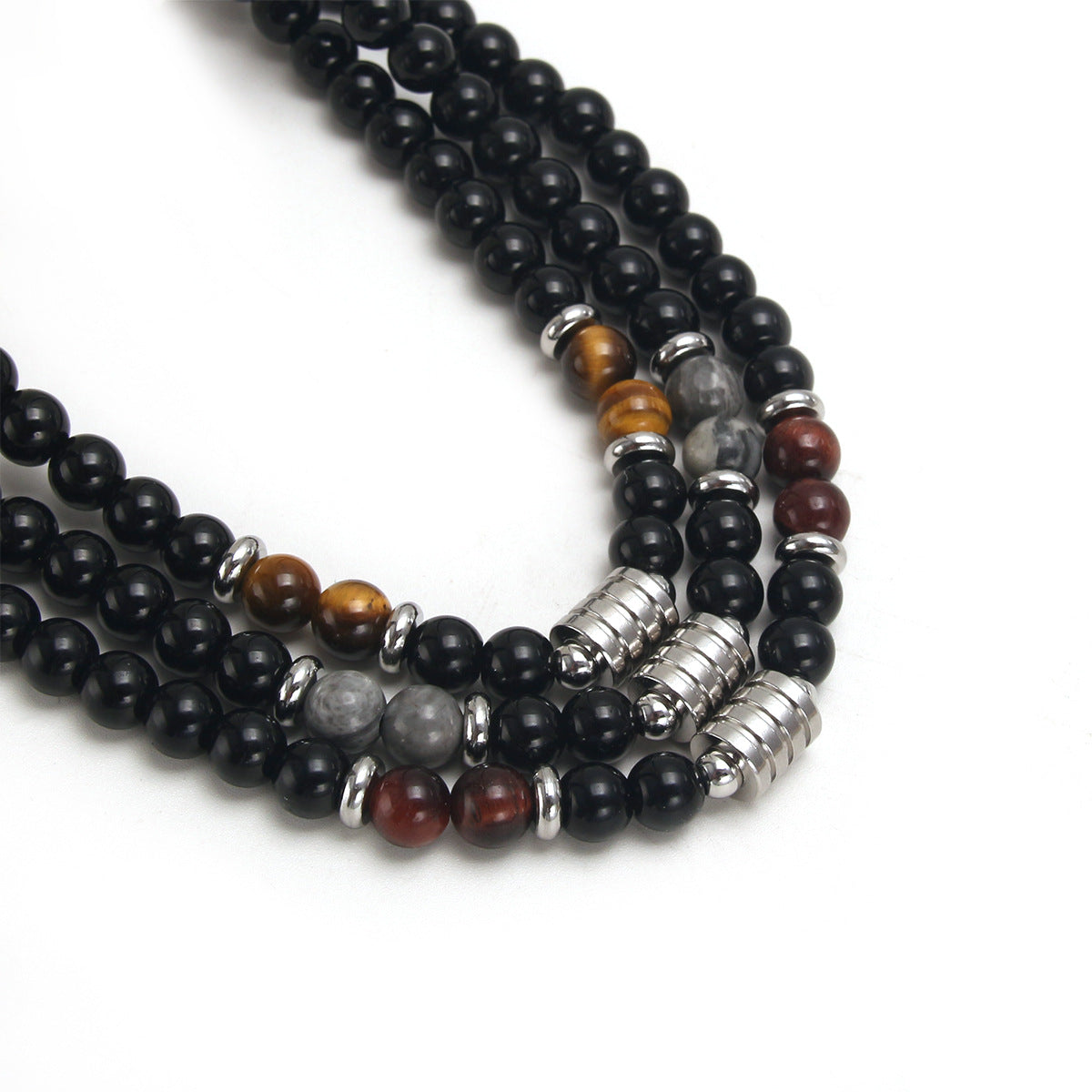 Steel Natural Tigereye Map Stone Obsidian Beaded Necklace