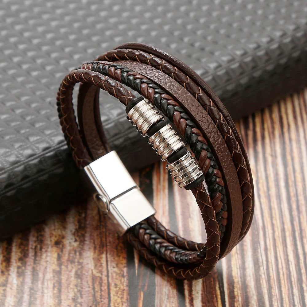 Men's Stainless Steel Woven Leather Magnetic Buckle Bracelets