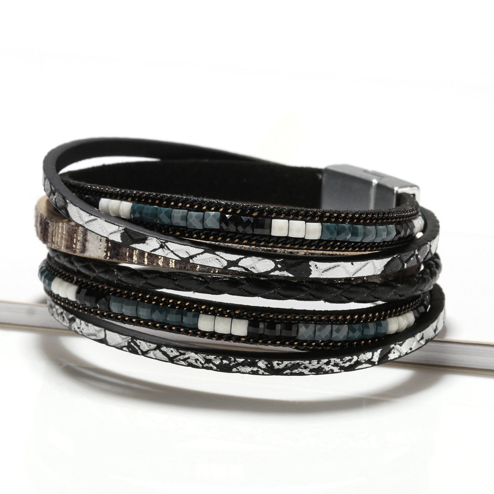 Women's Bohemian Hand-woven Leather Alloy Magnetic Snap Bracelets