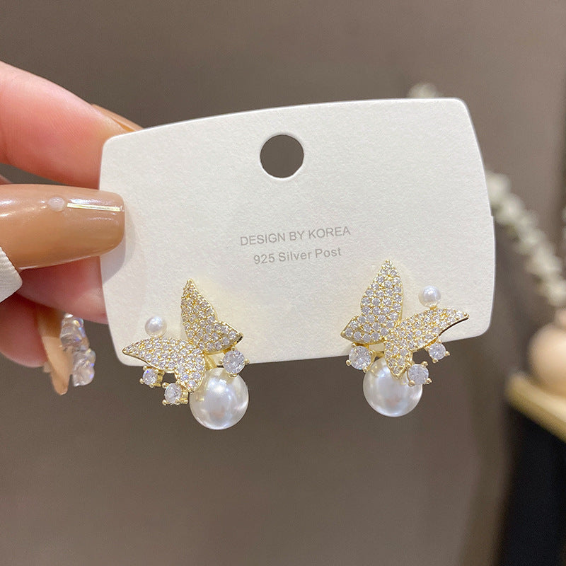 Women's Pearl Diamond Butterfly Trendy Stylish Simple Stud Earrings