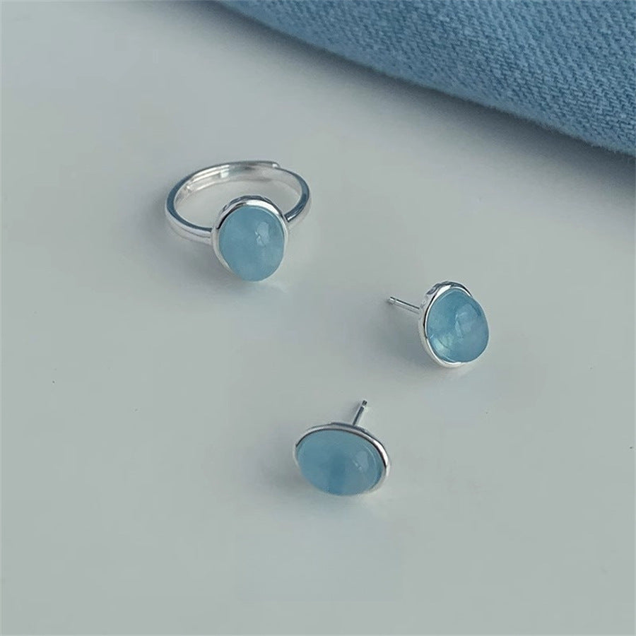 Women's Oval Aquamarine For Sterling Sier Temperamental Frosty Style Design Stud Earrings