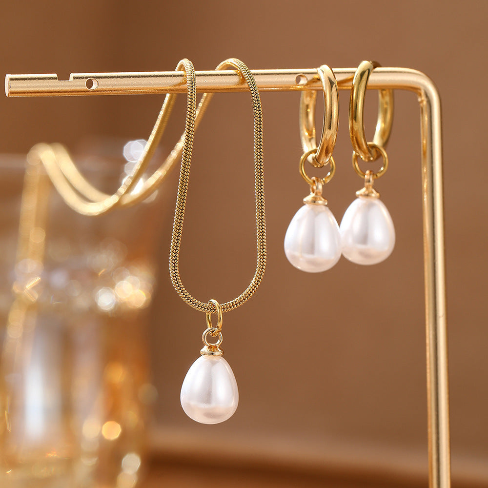 Stainless Steel Style High-grade Water Drop Pearl Suite Female Jewelry Set