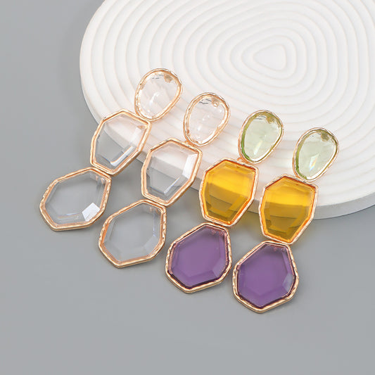 Boucles d'oreilles d'été en alliage polygonal exagéré pour femmes, couleur résine