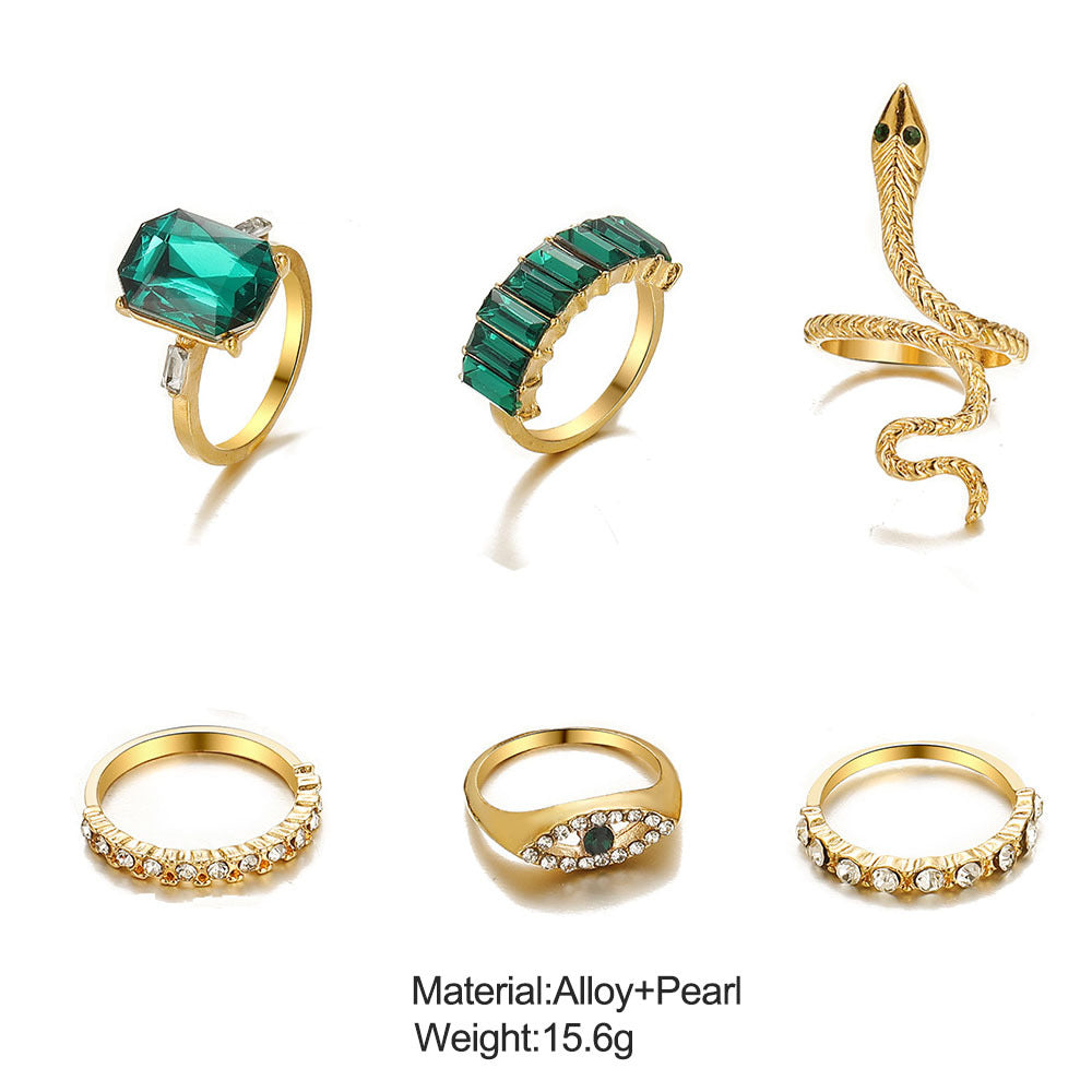 Inlaid Green Rhinestone Retro Snake Alloy Set Rings