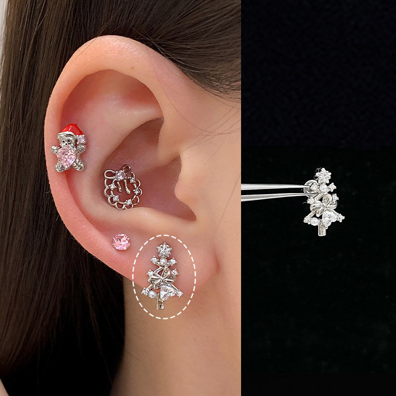 Pink Christmas Devil Ear Bone Snowflake Titanium Stud Earrings