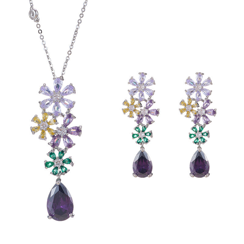 Style Color Zircon Flower Suite Temperament Wild Earrings