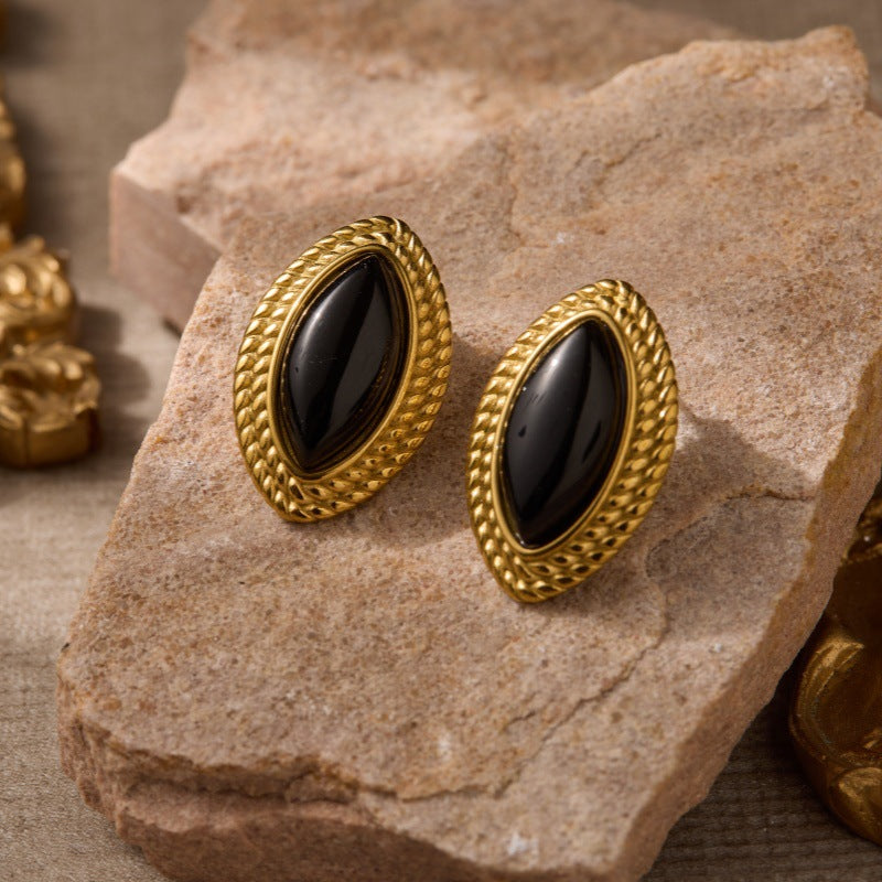 Affordable Luxury Style Braided Border Horse Eye Black Gold Niche Stud Earrings