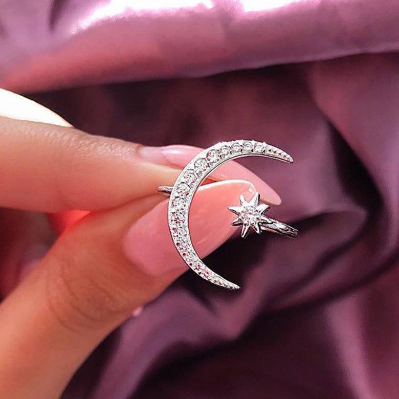 Crescent Star Moon Plated Creative Exaggerating Open Ring