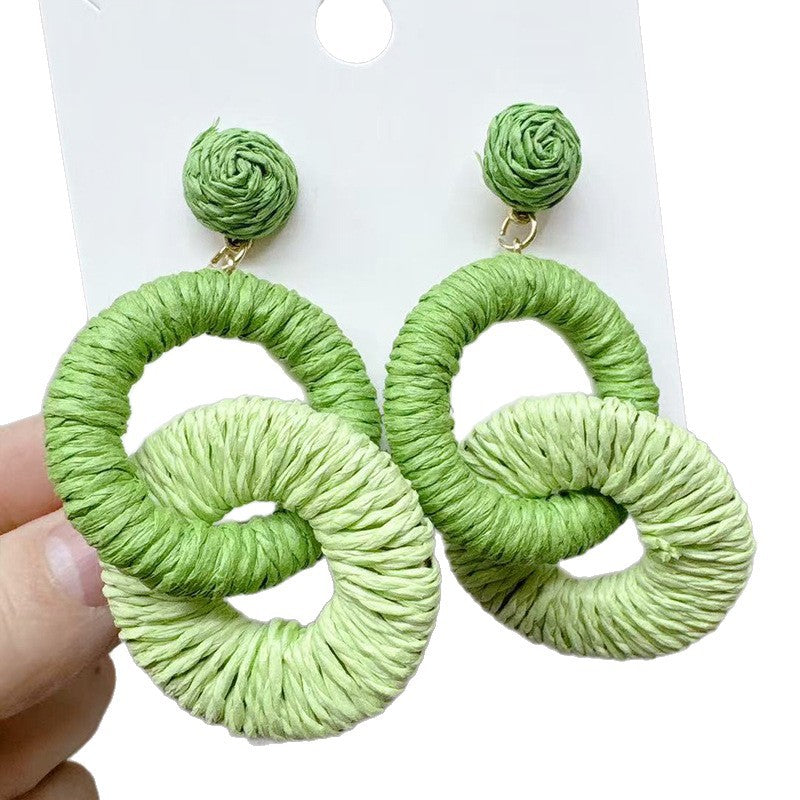 Straw Round Double Design Ethnic Style Graceful Fashionable Island Vacation Earrings