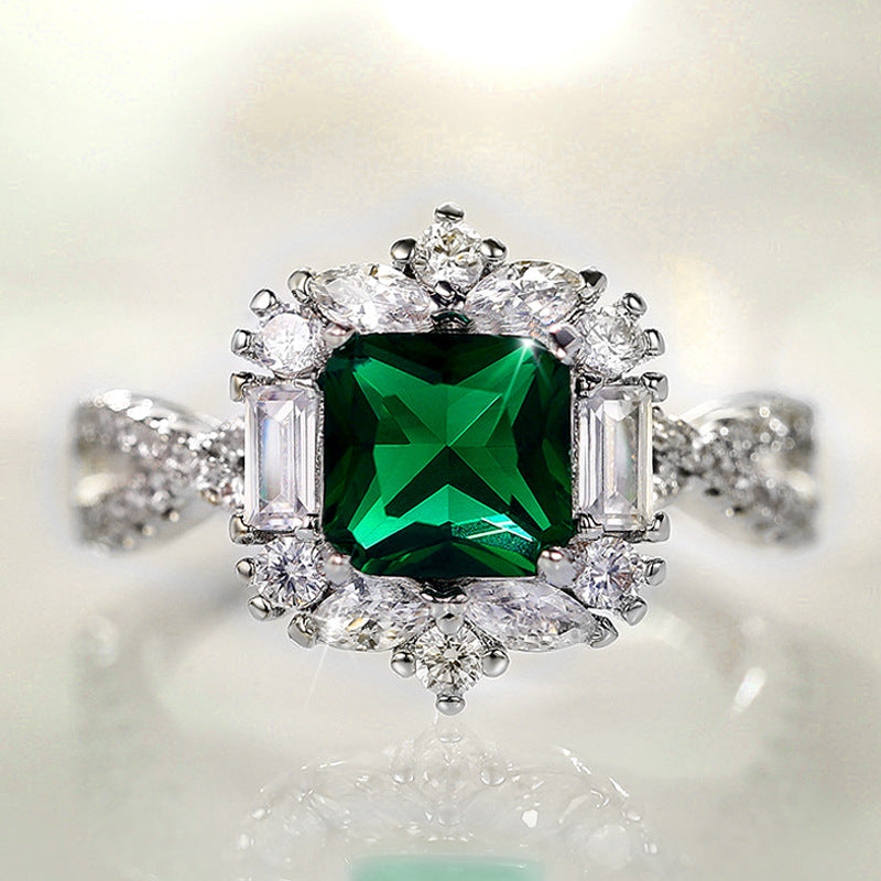 Women's Inlaid Grandmother Green Princess Square Zircon Rings