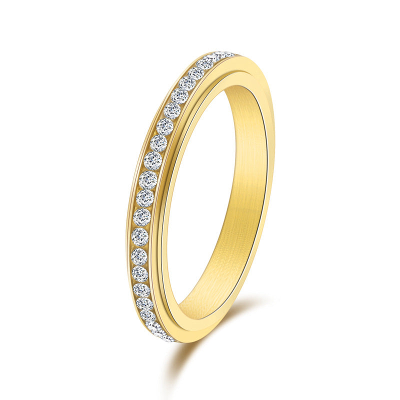 Women's Stainless Steel Fresh Single Row Rhinestone Rotatable Rings