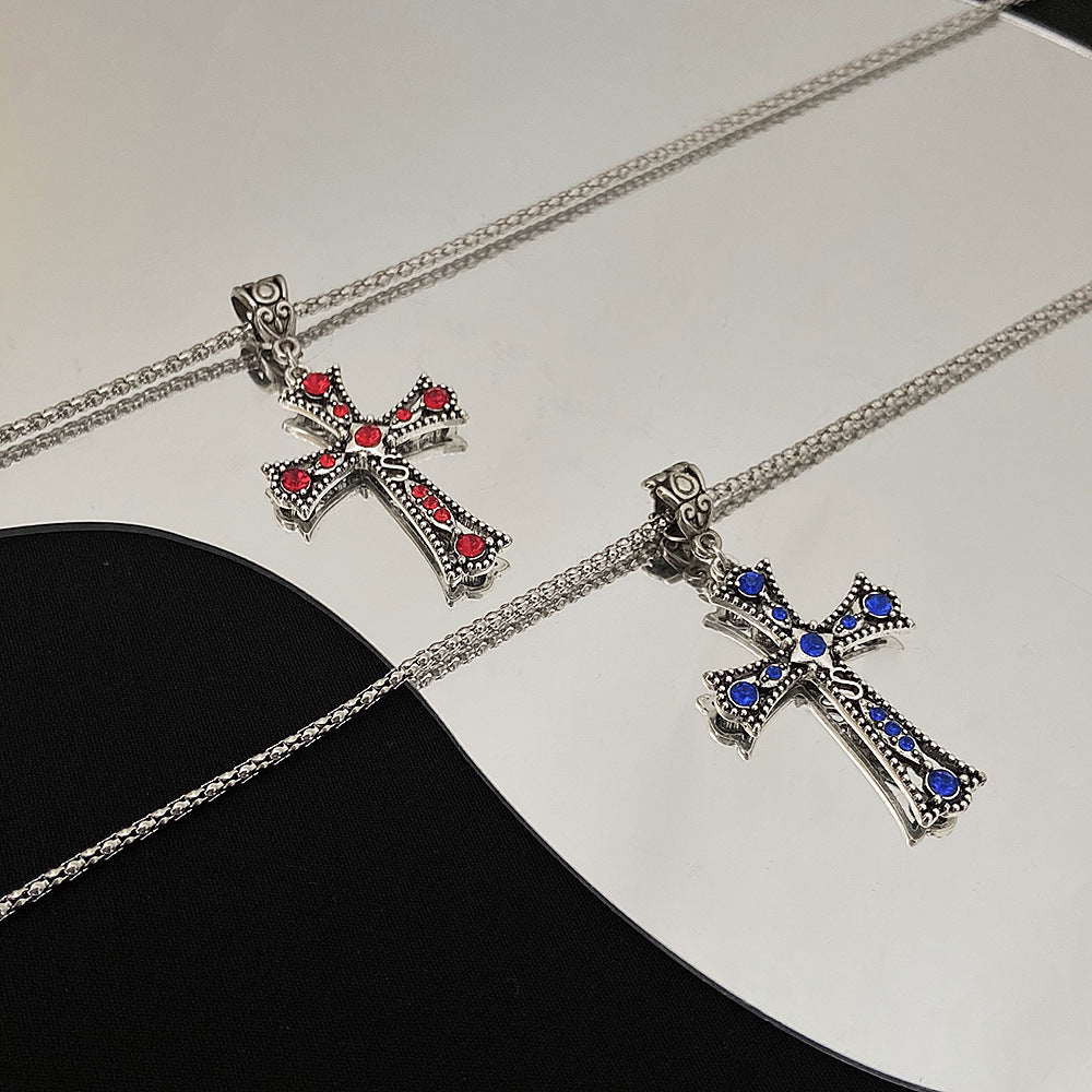 Retro Style Colorful Zircon Hollow Letter Cross Necklaces