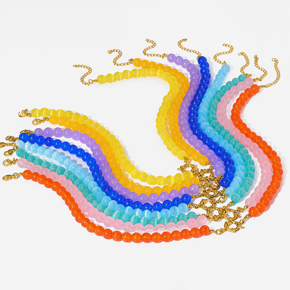 Women's Fresh Rainbow Cat Eye Glass Gold-plated Stainless Steel Summer Dopamine Necklaces