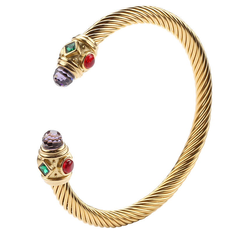 Wire Stainless Twisted Colorful Zircon Couples Openings Bracelet