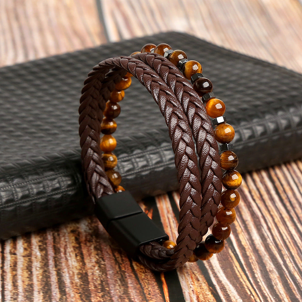 Men's Handmade Woven Tiger Eye Natural Stone Alloy Bracelets