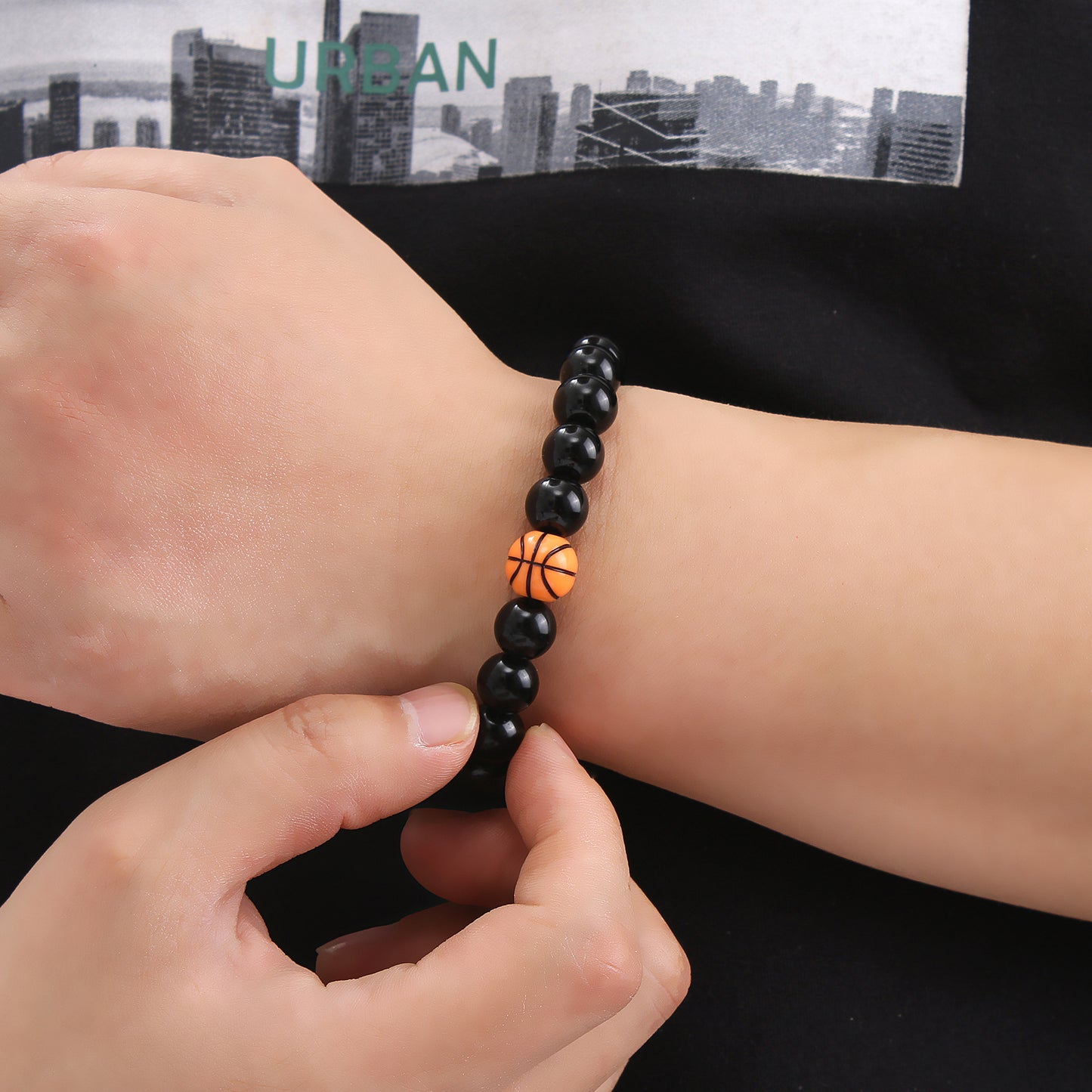 Men's Black Baseball Imitation Obsidian Beaded Sports Bracelets