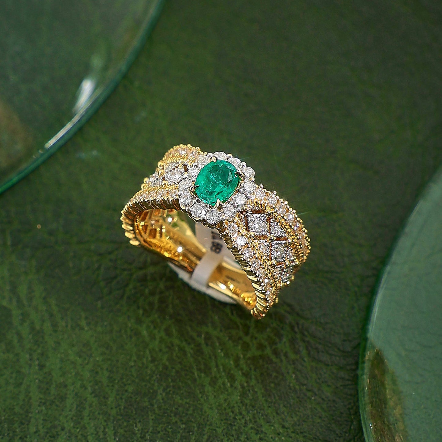 Carved Gold Lace Diamond Emerald Colored Rings